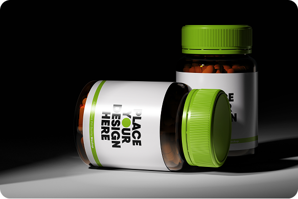 Modern supplement bottles with green caps and sleek white design on dark background